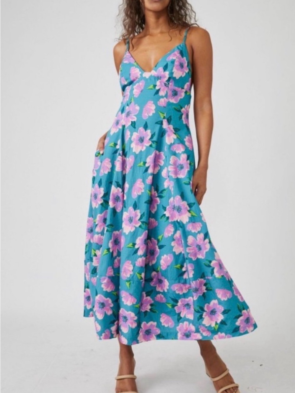 Free People Turquoise Maxi Dress with Pink Floral Print